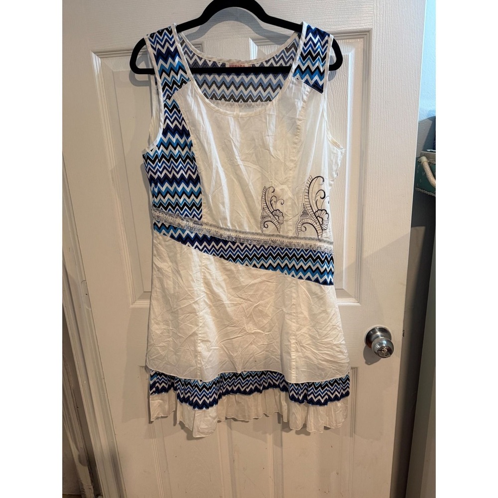 Amparo White Blue Chevron Embroidered Sleeveless Tiered Cotton Dress Size 44